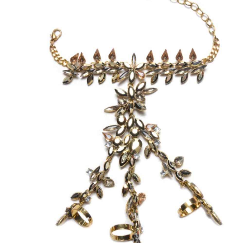 (Set of 2) Gold & Rhinestone 3-Ring Hand Chain - Picture 2 of 2